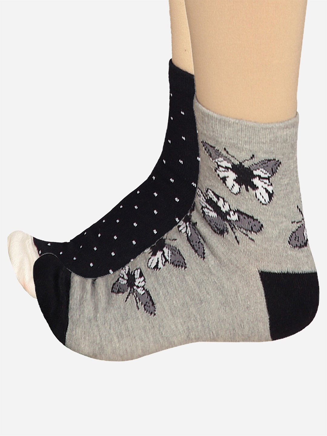 

Bodycare Women Pack Of 2 Patterned Cotton Anti-Bacterial Mid Calf Length Socks, Grey melange