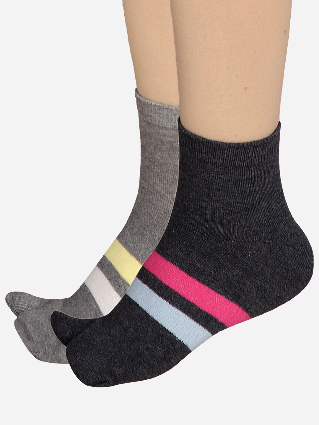 

Bodycare Women Pack Of 2 Patterned Cotton Anti-Bacterial Mid Calf Length Socks, Grey melange