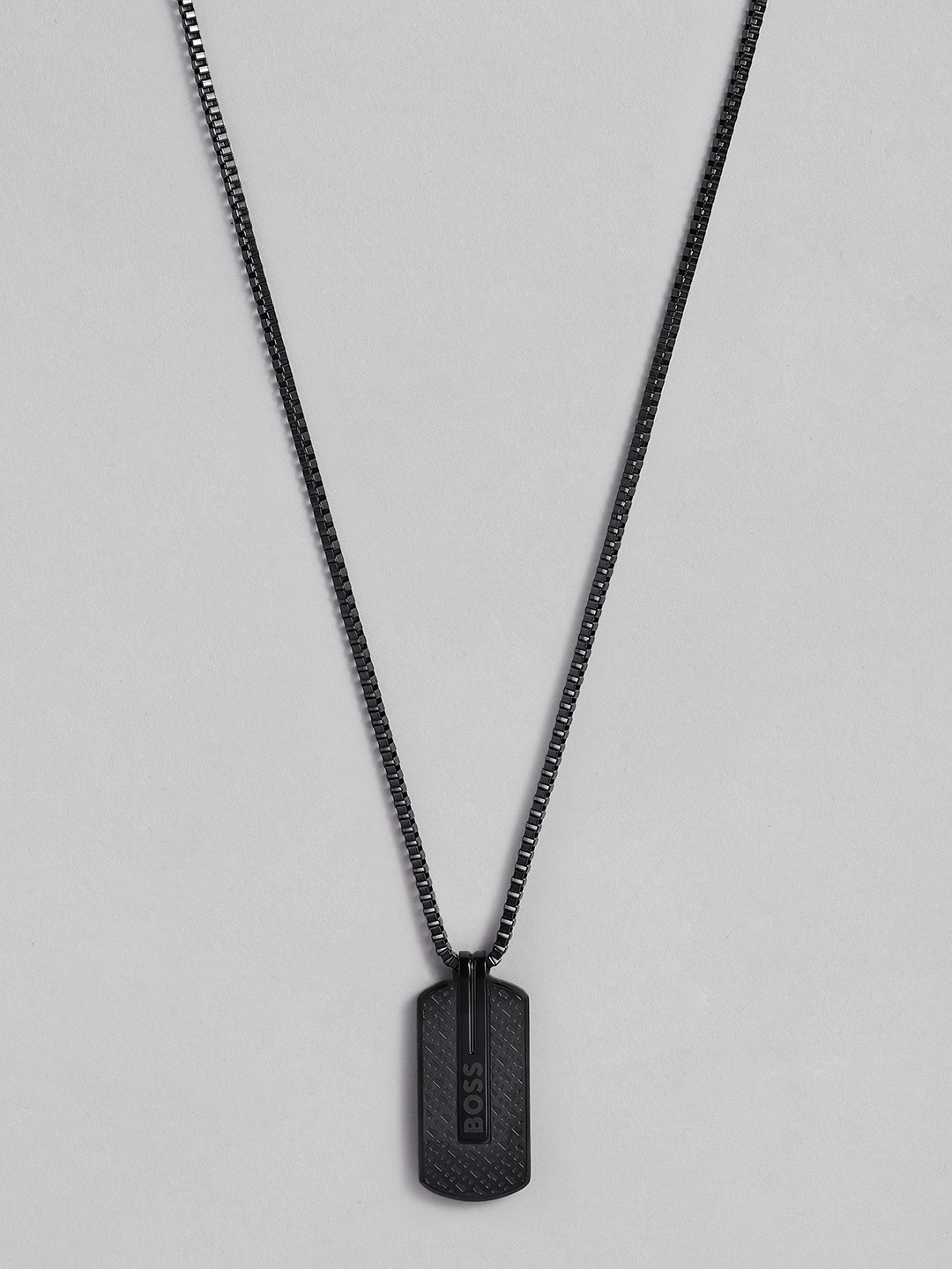 

BOSS Olado Brass-Plated Rectangular Design Pendant with Chain, Black