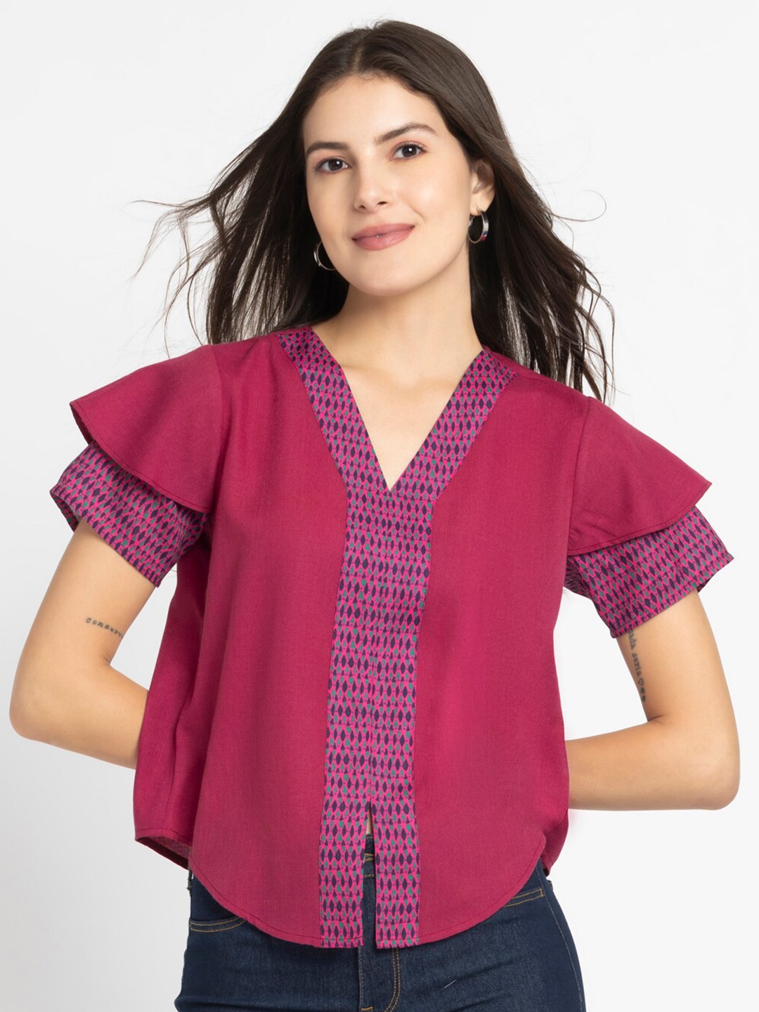 

SHAYE V-Neck Flutter Sleeves Ruffles Casual Top, Pink