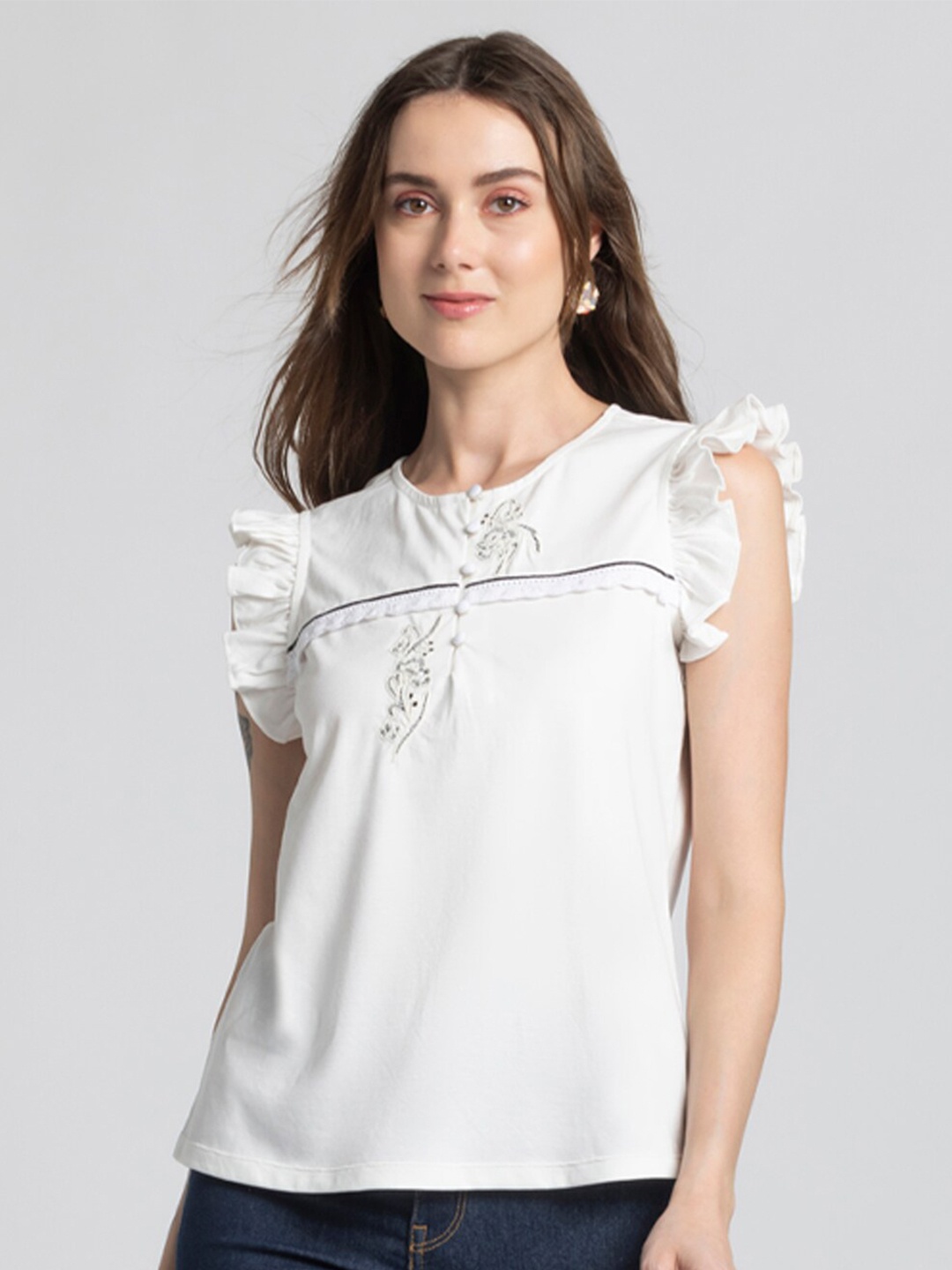 

SHAYE Flutter Sleeve Round Neck Cotton Top, White