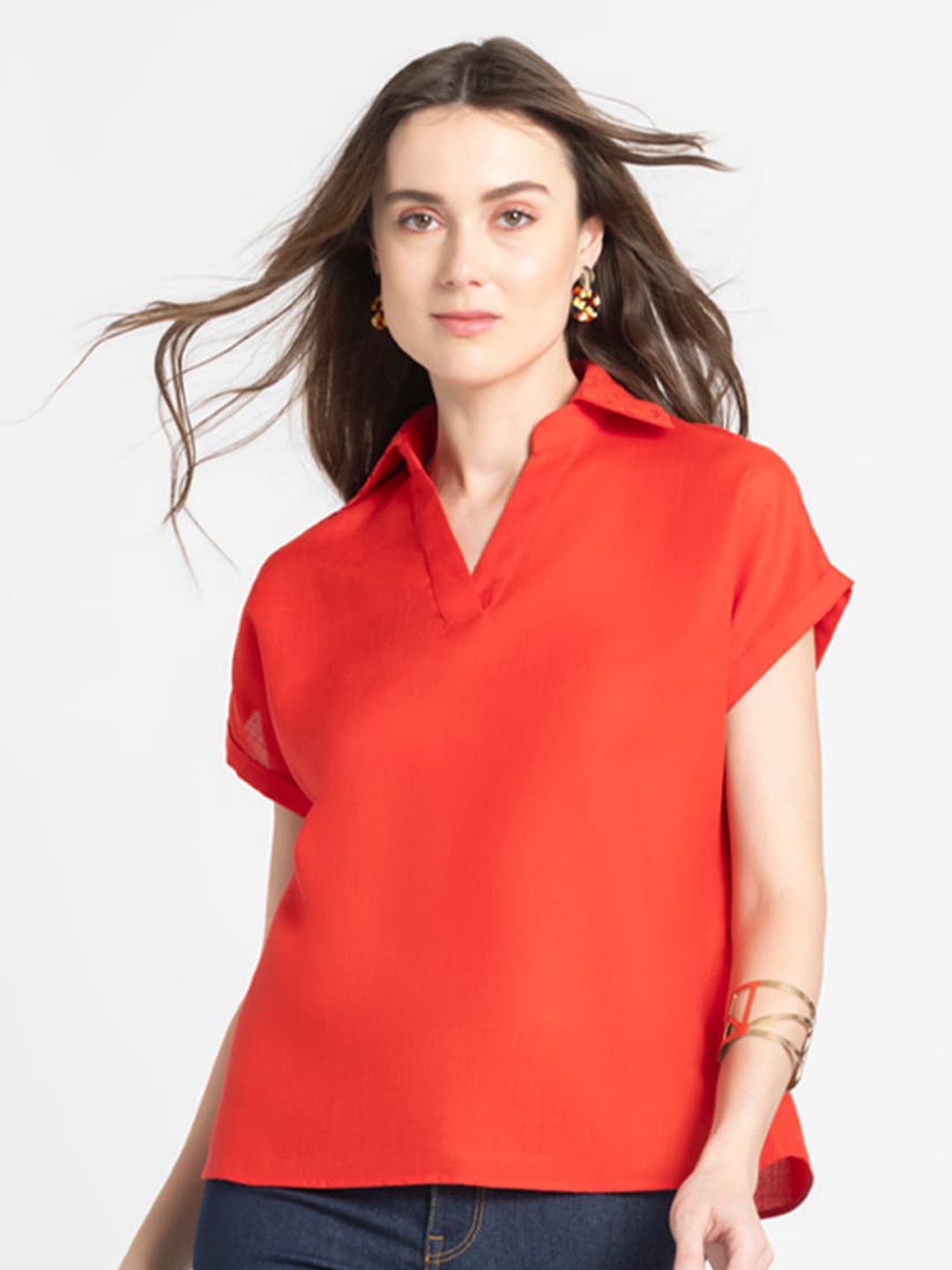 

SHAYE Extended Sleeves Linen Shirt Style Top, Red