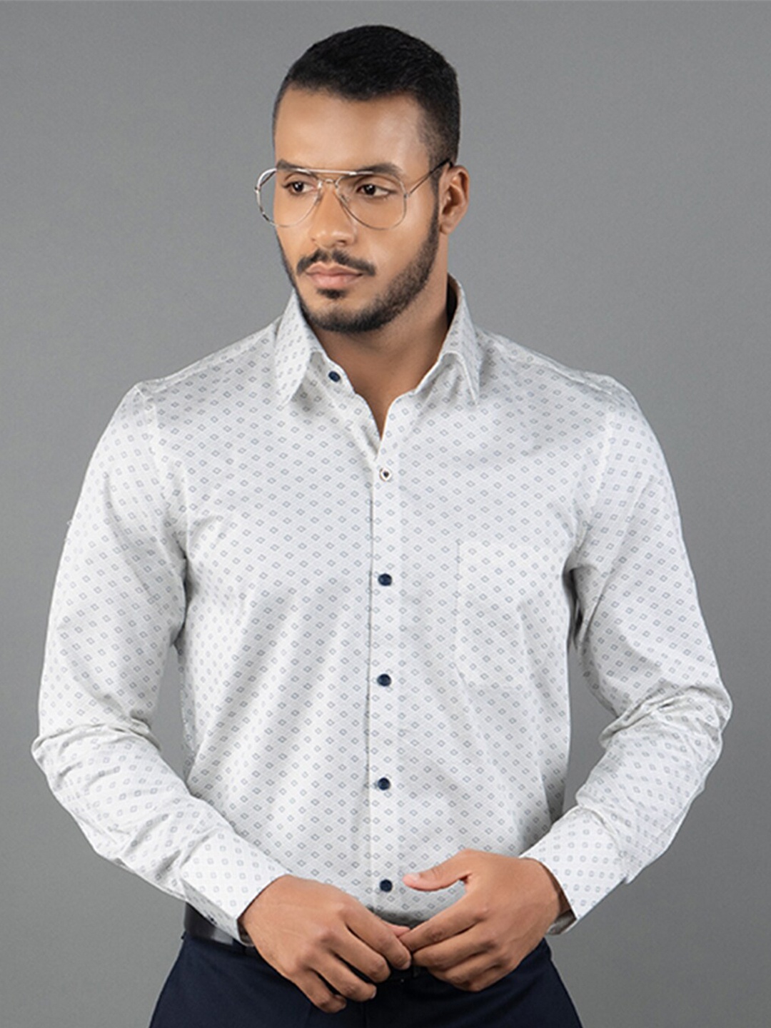 

LOUIS STITCH Comfort Micro Ditsy Printed Spread Collar Cotton Formal Shirt, White