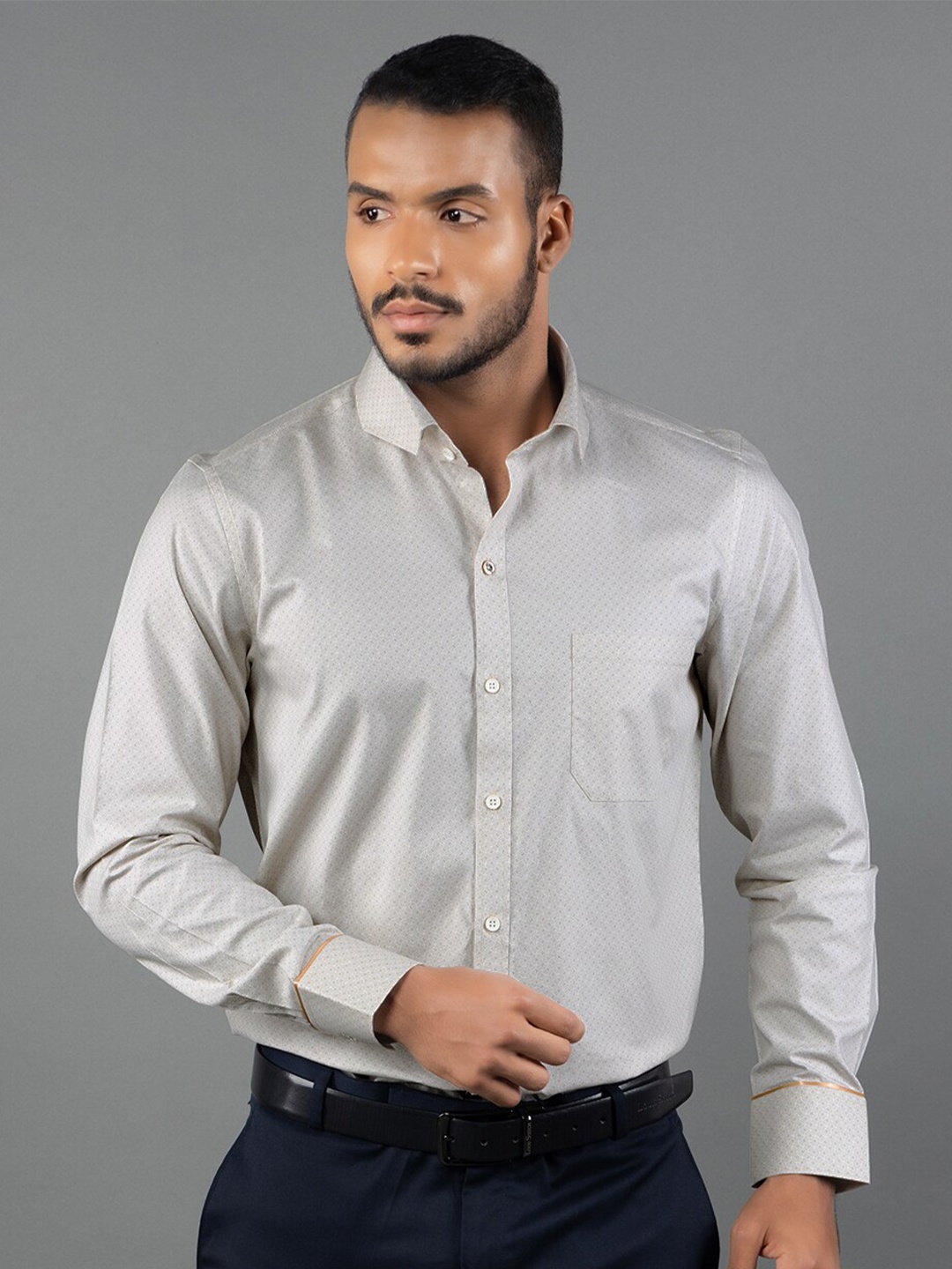 

LOUIS STITCH Comfort Micro Ditsy Printed Spread Collar Cotton Formal Shirt, Beige