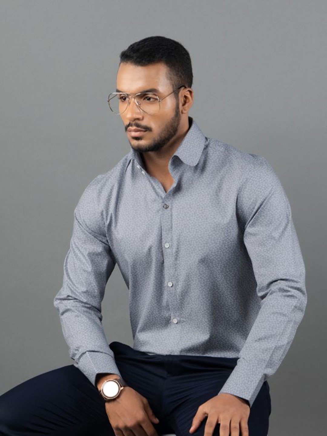 

LOUIS STITCH Comfort Micro Ditsy Printed Spread Collar Cotton Formal Shirt, Grey