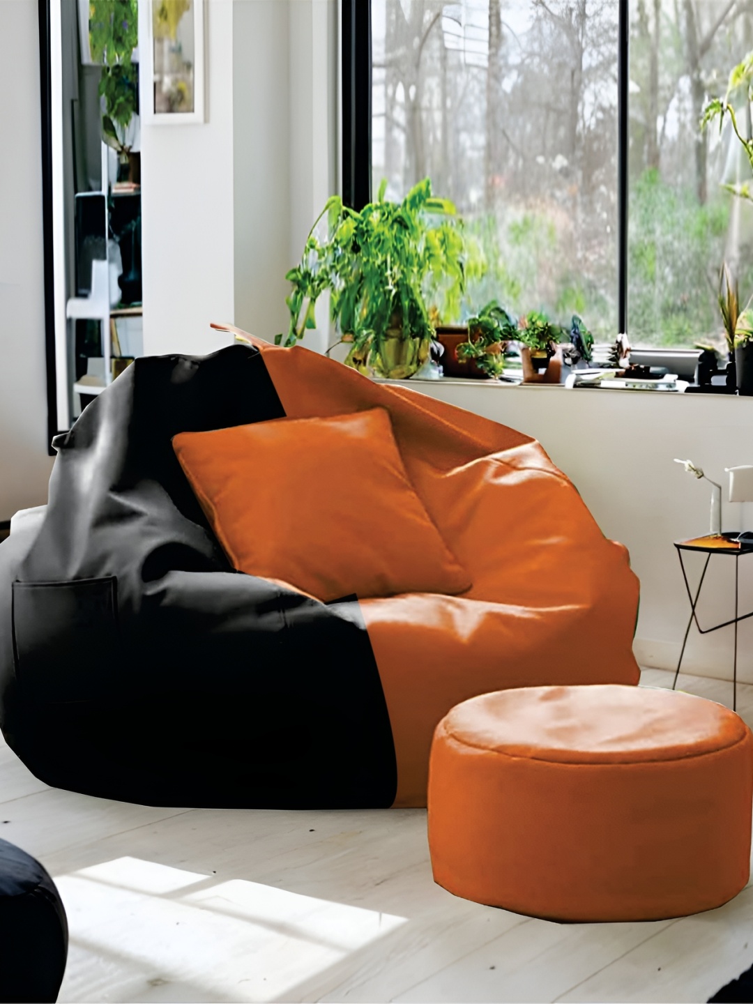 

SHIRA 24 Orange Colored & Black 3 Pieces Colorblock Bean Bag Footrest & Cushion Covers