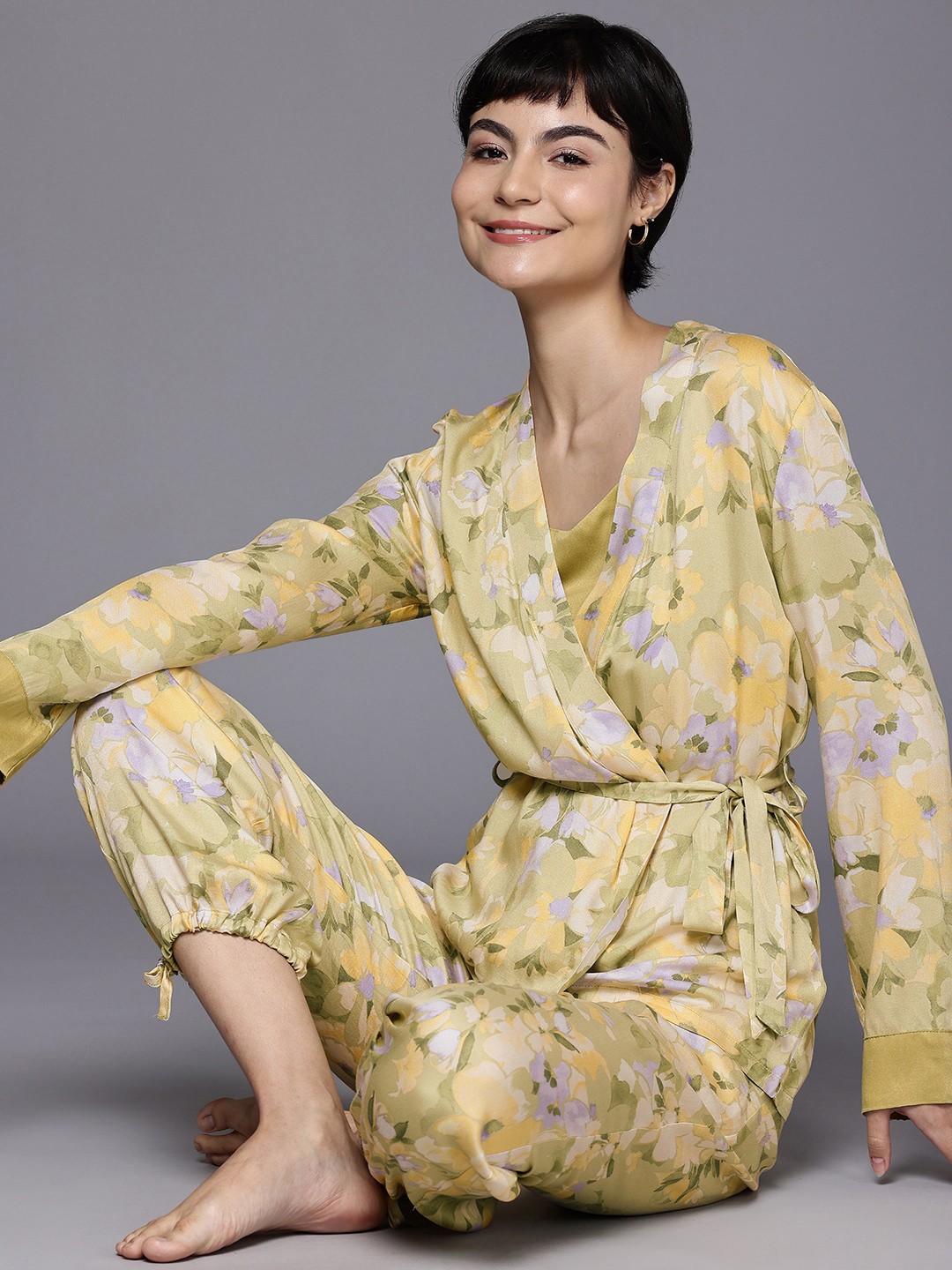 

women'secret Floral Printed Shoulder Straps 3 Piece Night suits, Green
