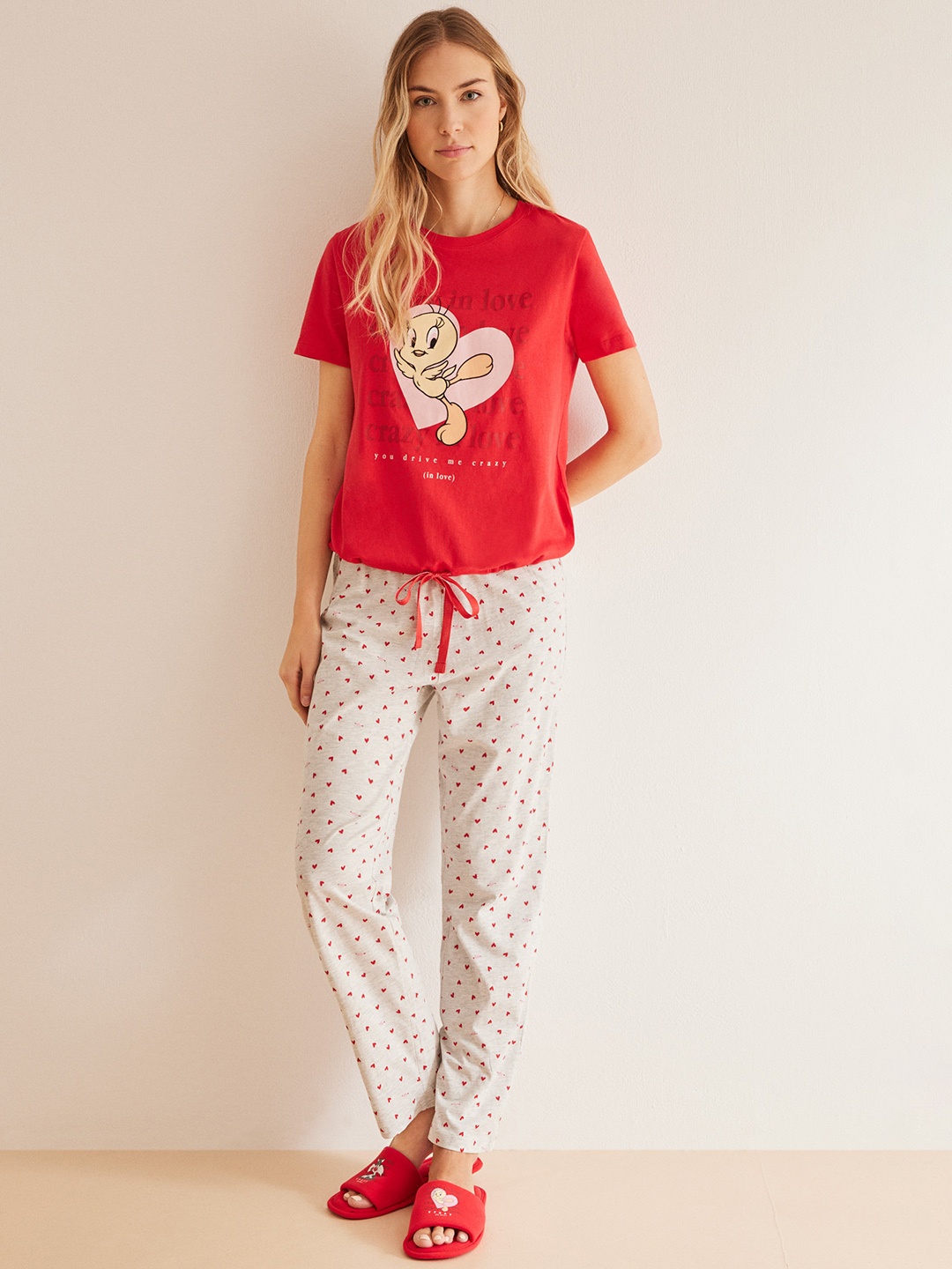 

women'secret Women Pure Cotton Printed T-shirt And Pyjamas, Red