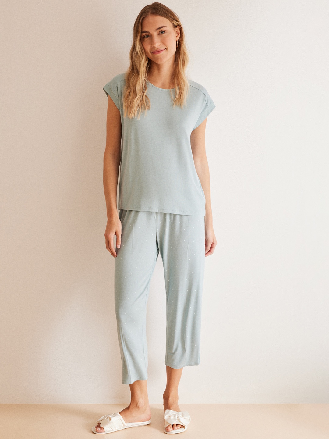 

women'secret Women Solid T-shirt And Printed Pyjamas, Blue