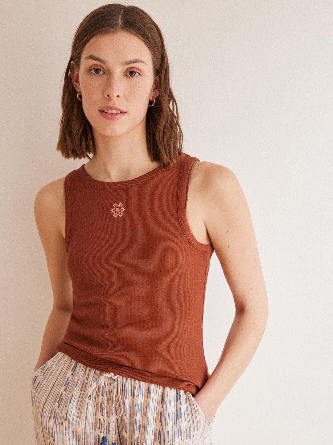 

women'secret Ribbed Sleeveless Tank Lounge T-shirt, Brown