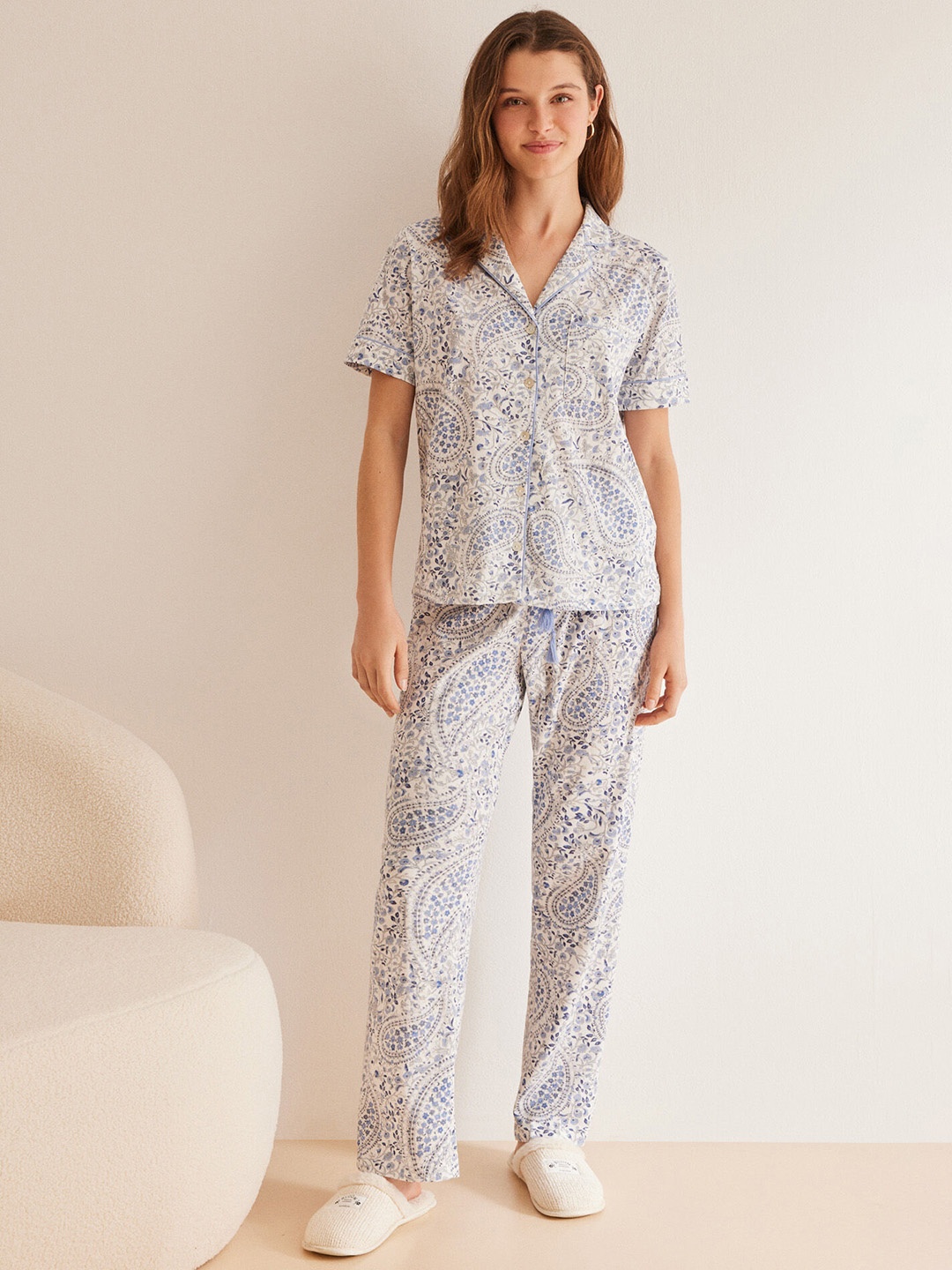 

women'secret Women Pure Cotton Floral Printed Shirt And Pyjamas, White
