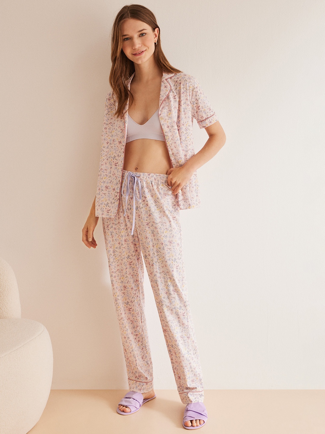

women'secret Women Printed Pure Cotton Night suit, Pink