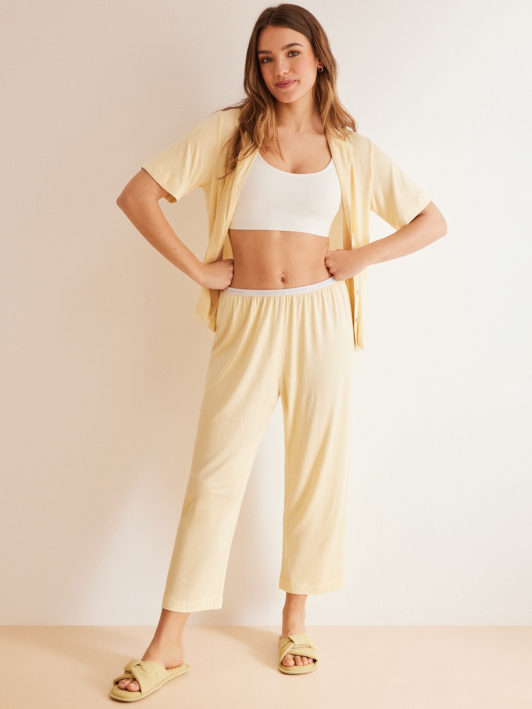 

women'secret Women Striped T-shirt And Pyjamas Night suits, Yellow