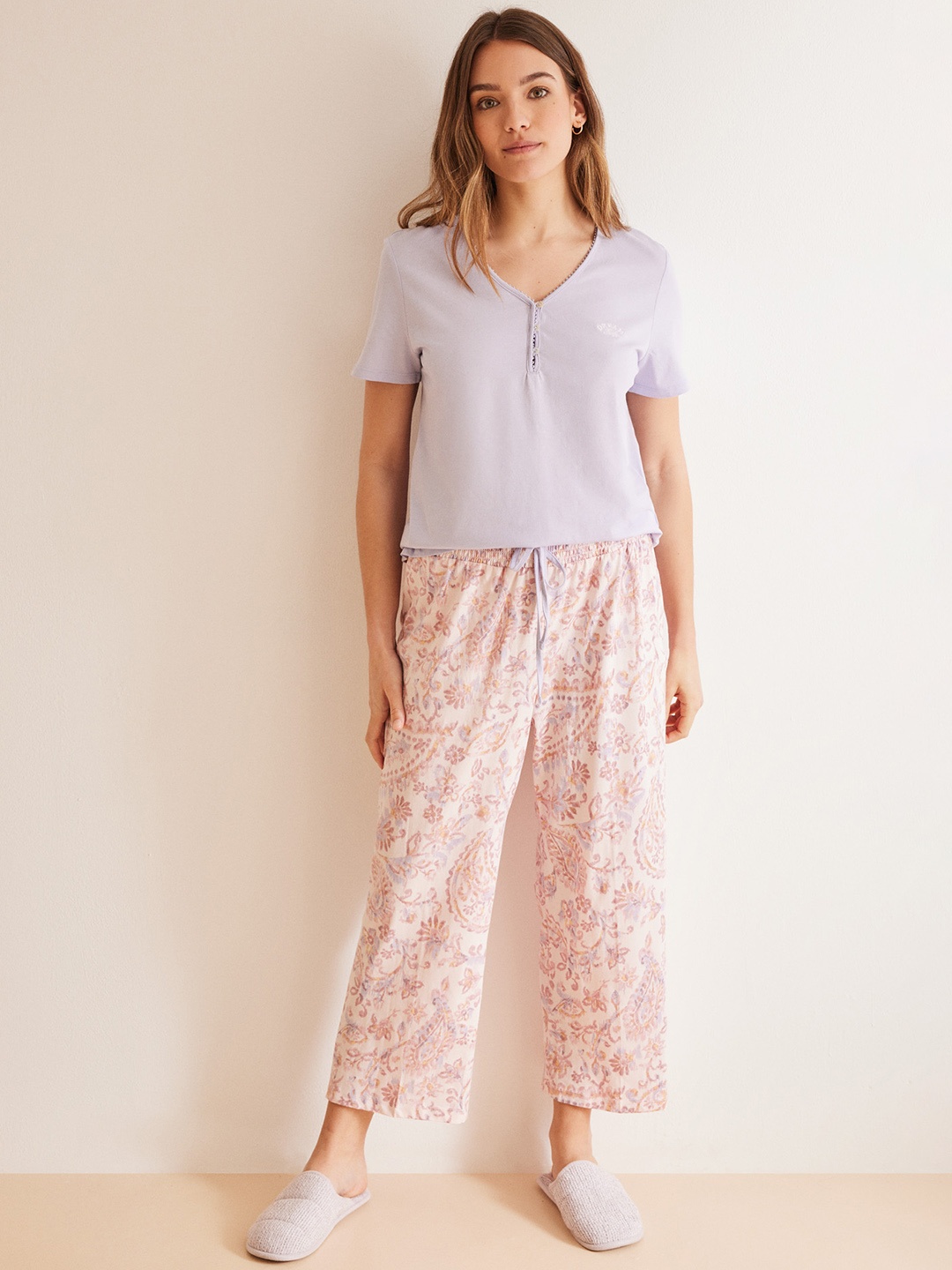 

women'secret Women Paisley Printed Pure Cotton Night suit, Lavender