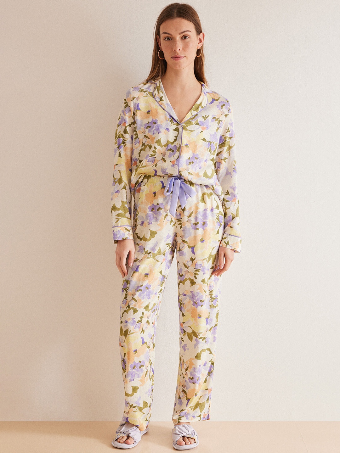 

women'secret Women Floral Printed Shirt And Pyjamas Night suits, Multi