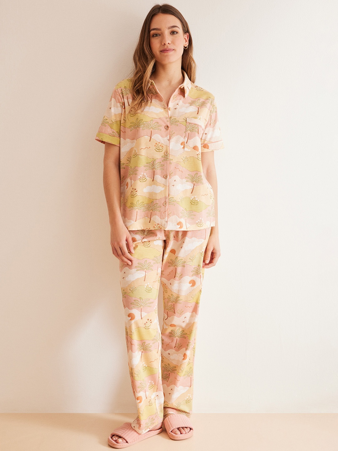 

women'secret Women Pure Cotton Landscape Printed Night suit, Multi
