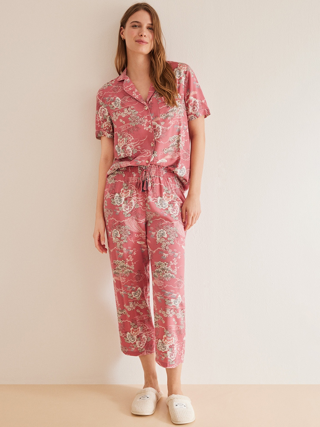 

women'secret Women Floral Printed Shirt And Pyjamas, Pink