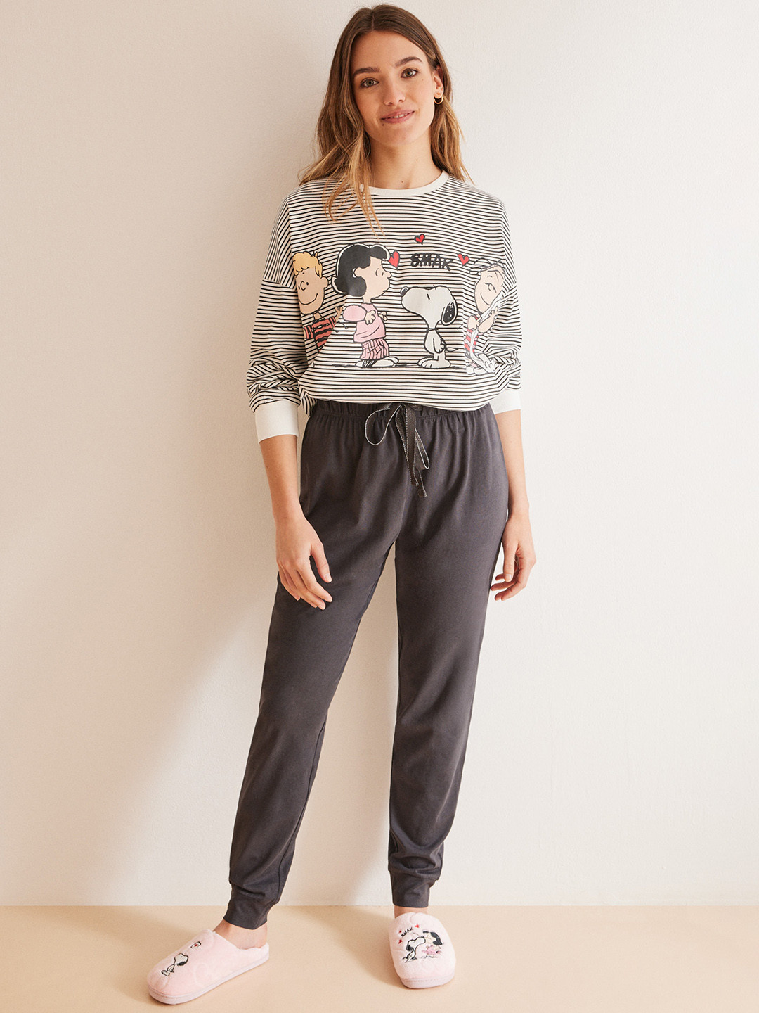 

women'secret Women Pure Cotton Snoopy Printed T-shirt And Pyjamas, Black