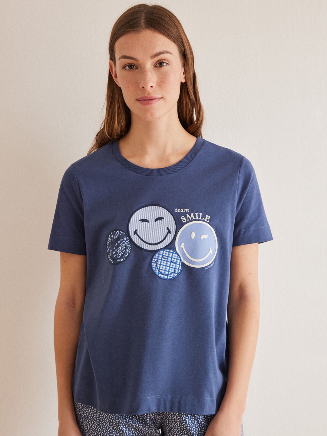 

women'secret Pure Cotton Graphic Printed Lounge Tshirts, Navy blue