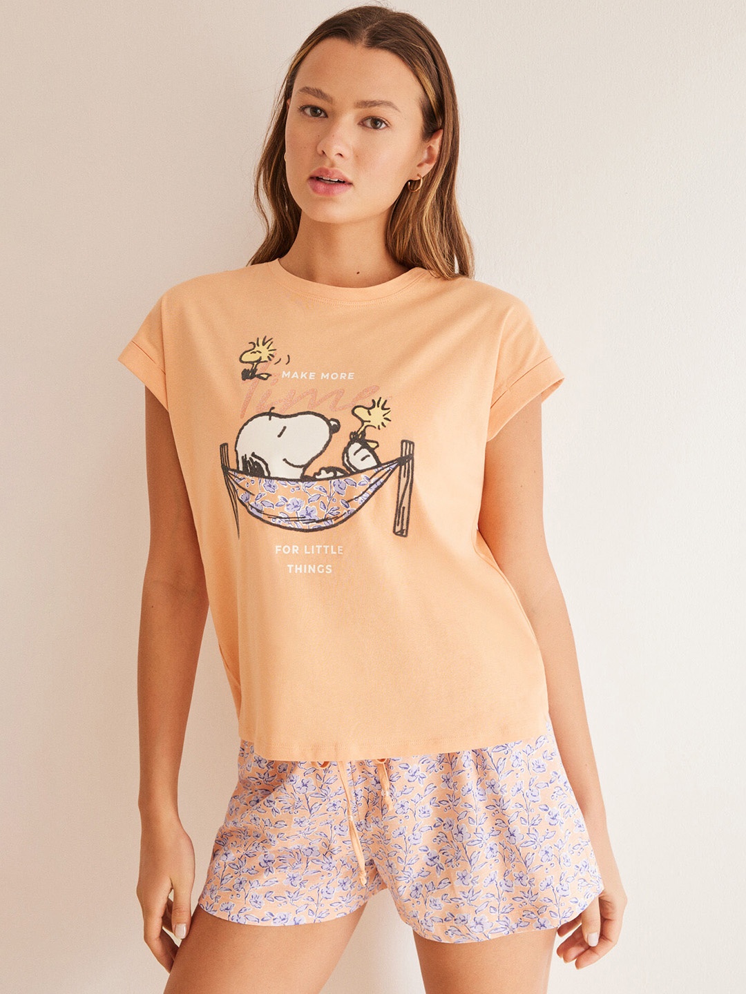 

women'secret Women Pure Cotton Snoopy Printed Night suit, Peach