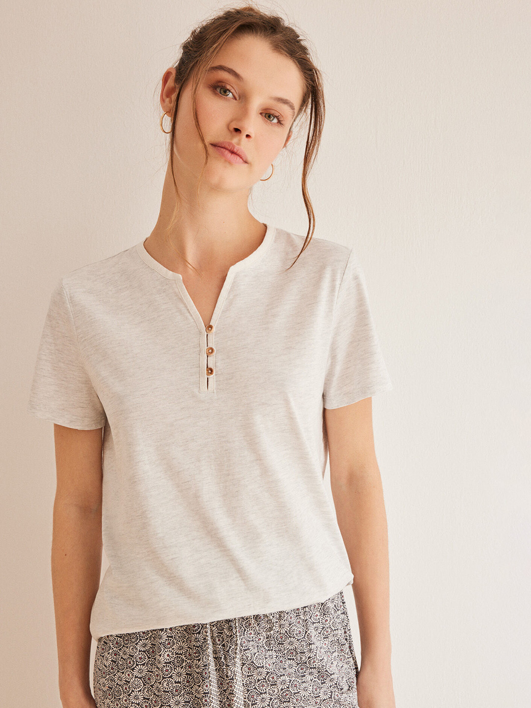 

women'secret Henley Neck Lounge T-shirt, Grey melange