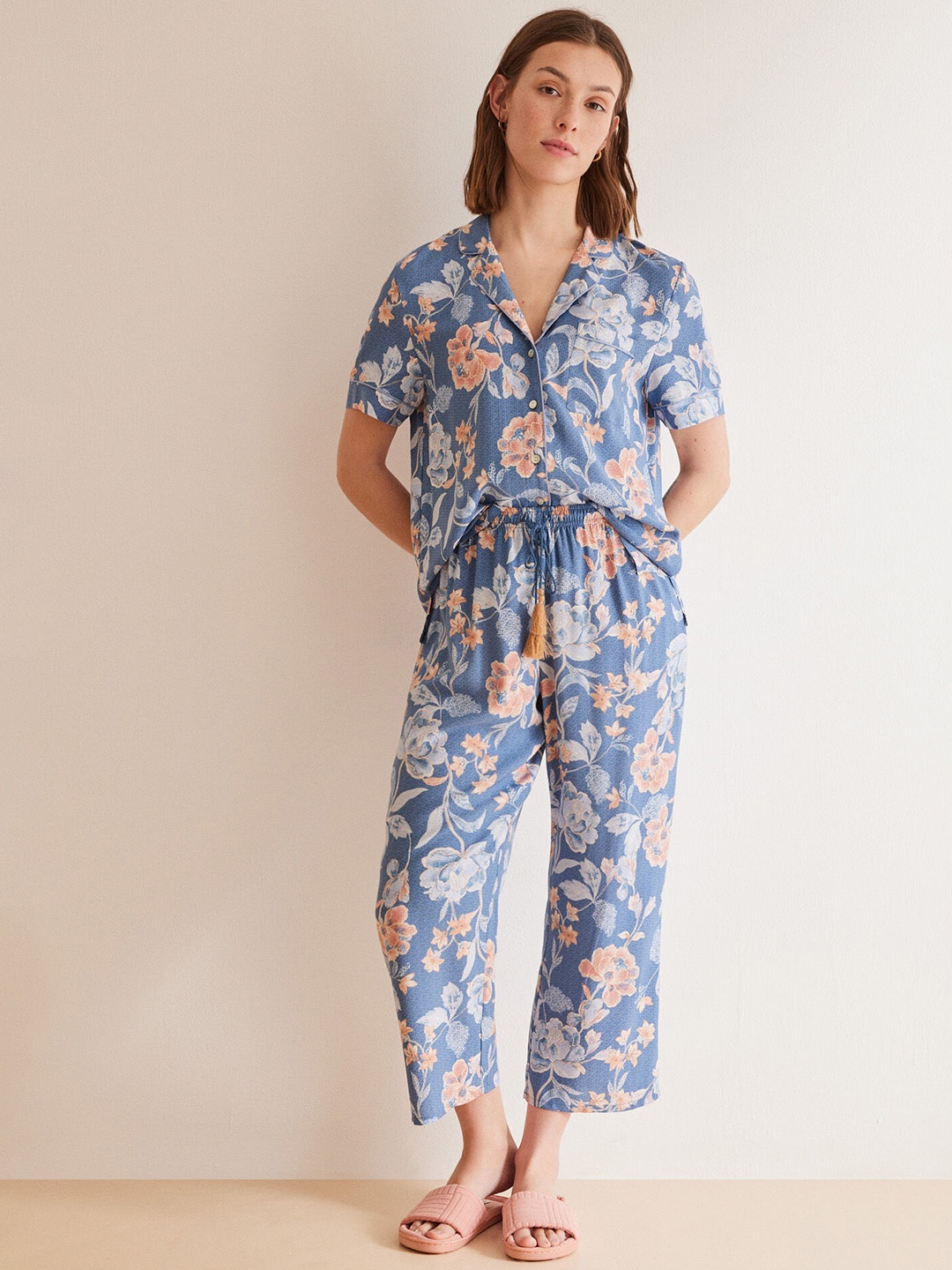 

women'secret Women Floral Printed Night suit, Blue