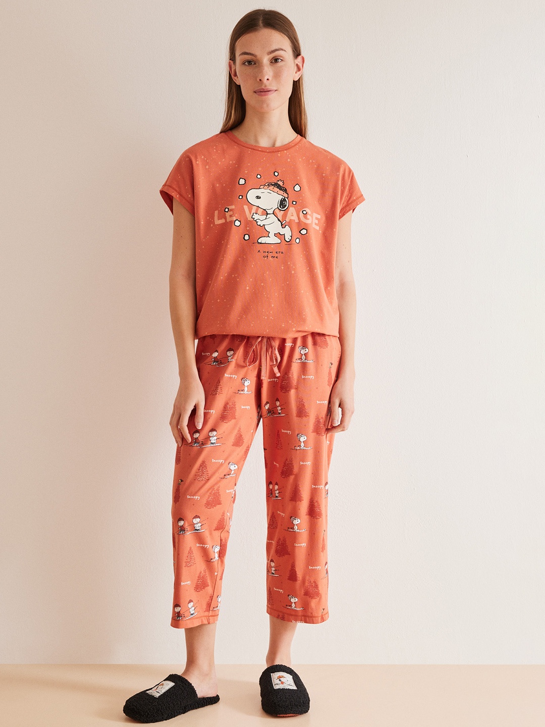 

women'secret Women Pure Cotton Snoopy Printed Night suit, Orange