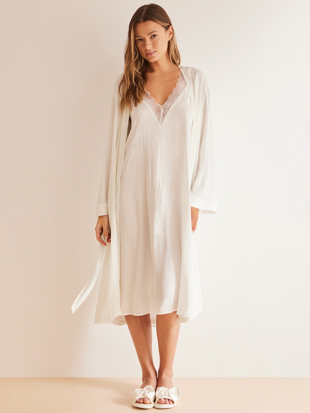 

women'secret Self Design Tie-Up Robe, White