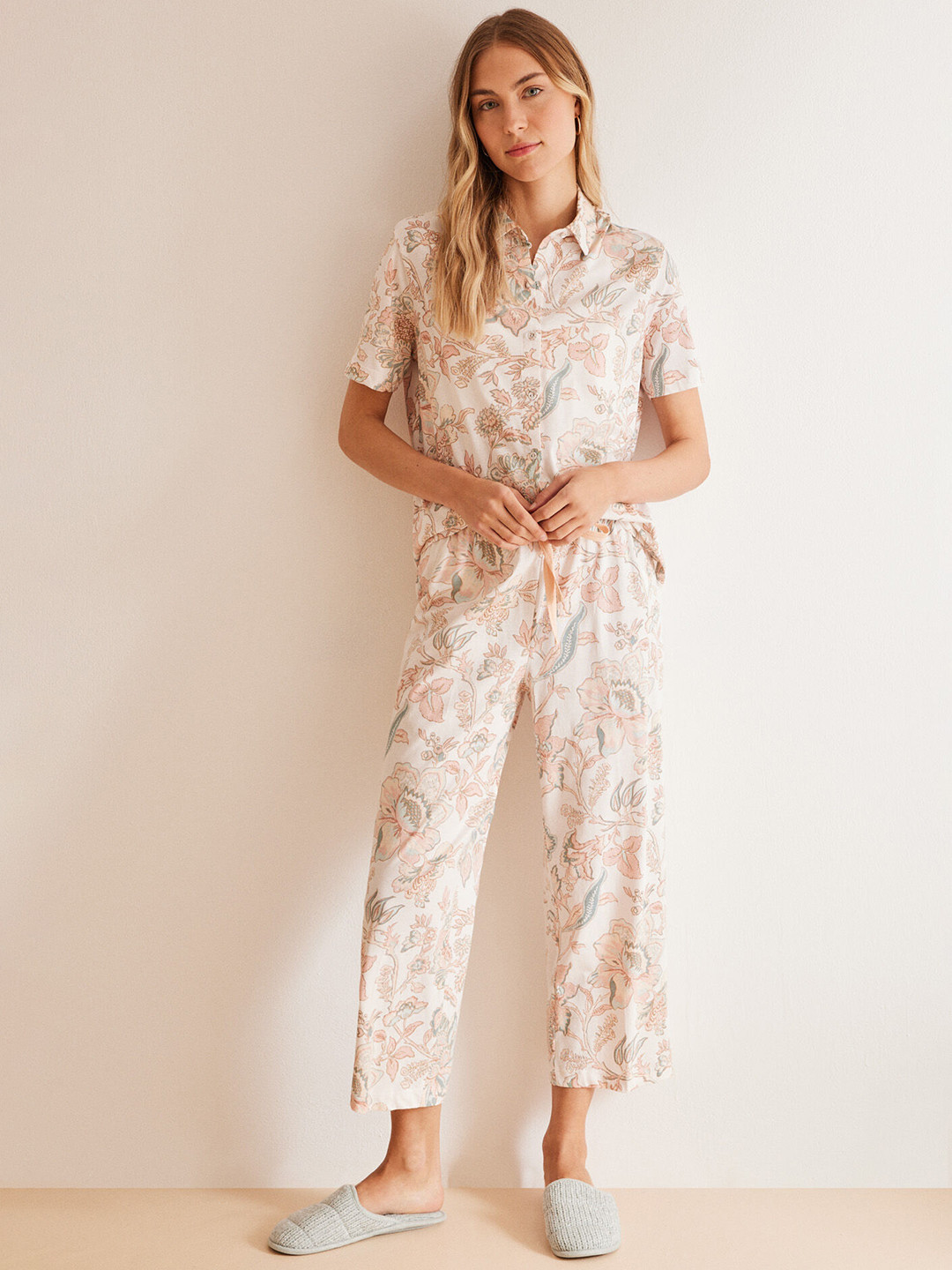 

women'secret Women Pure Cotton Floral Printed Night suit, Off white