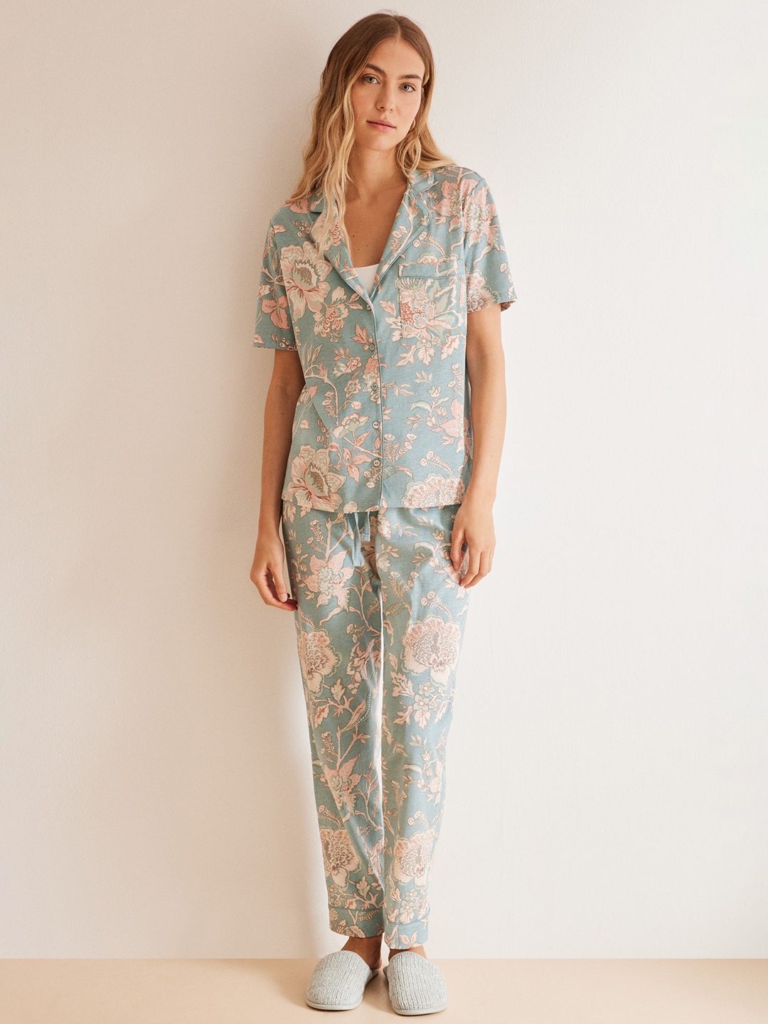 

women'secret Women Pure Cotton Floral Printed Night suit, Blue