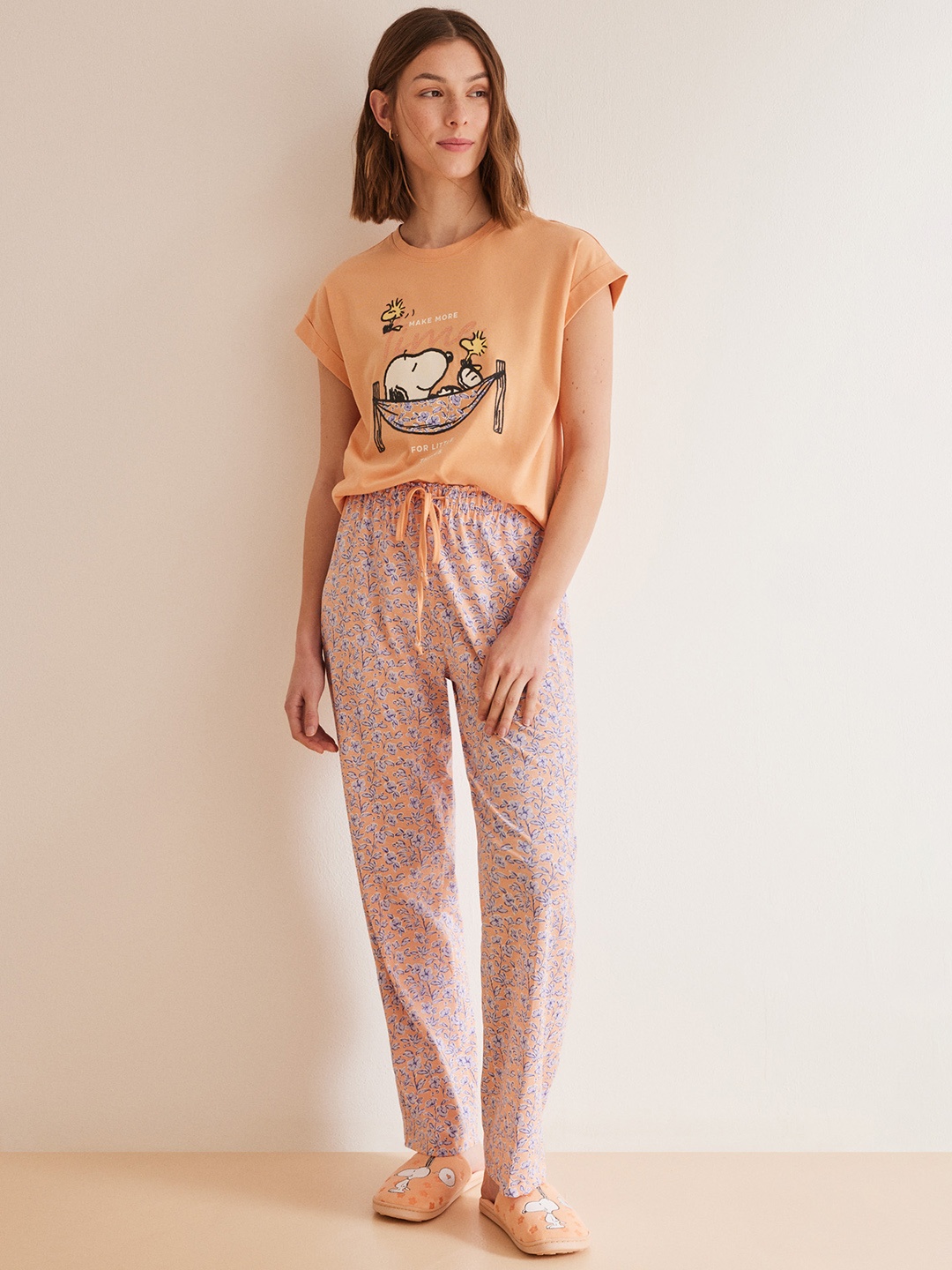 

women'secret Women Pure Cotton Printed T-shirt And Pyjamas Night suits, Peach