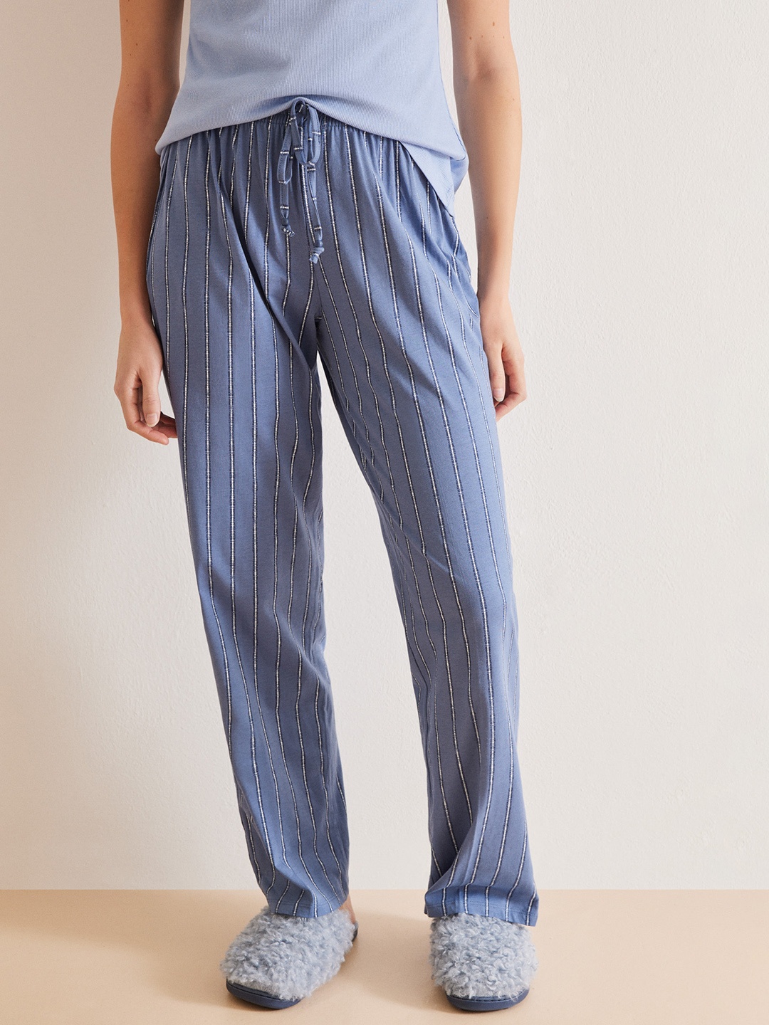 

women'secret Women Pure Cotton Striped Lounge Pants, Blue