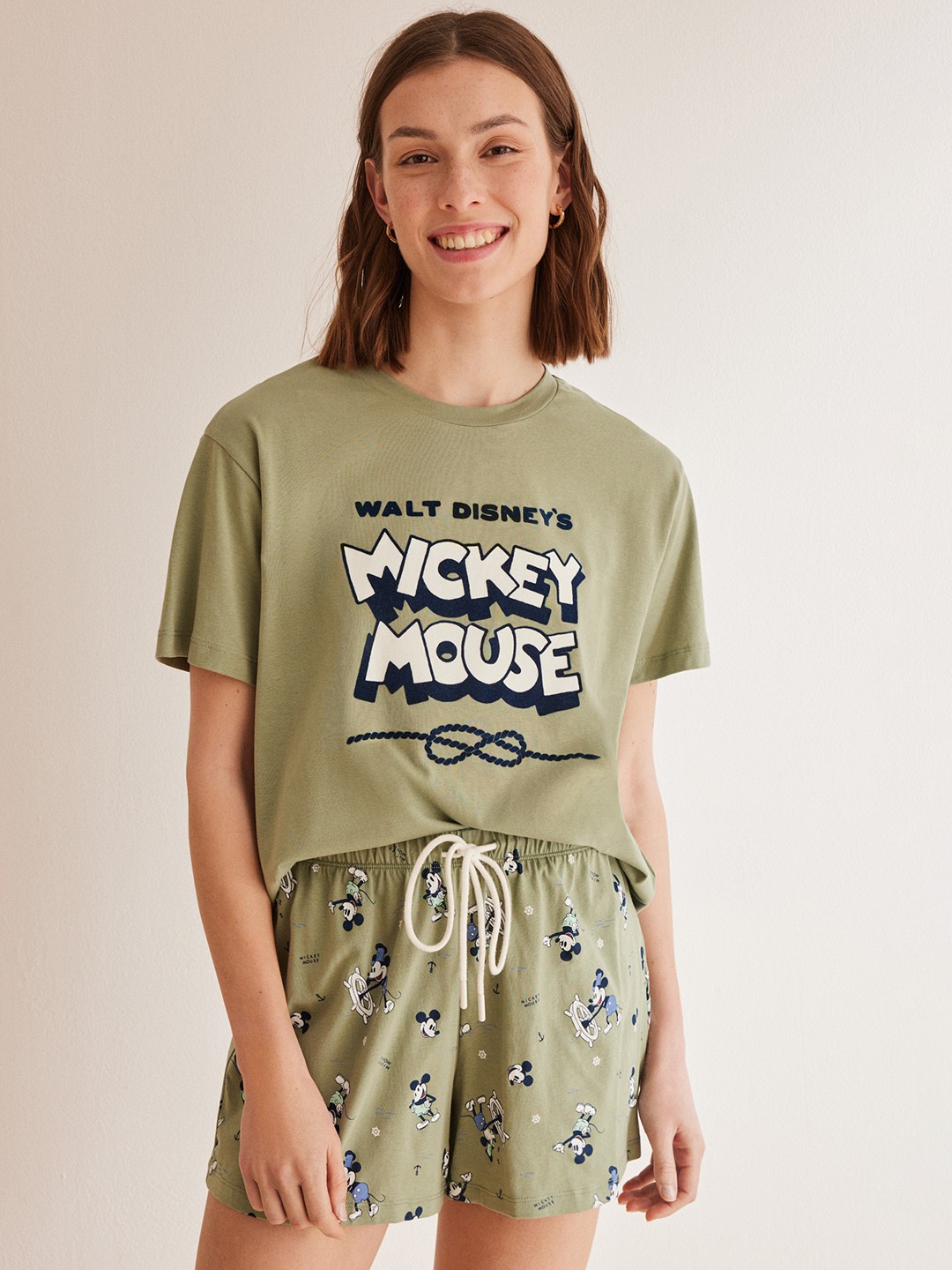 

women'secret Women Pure Cotton Mickey Mouse Printed T-shirt And Shorts, Green