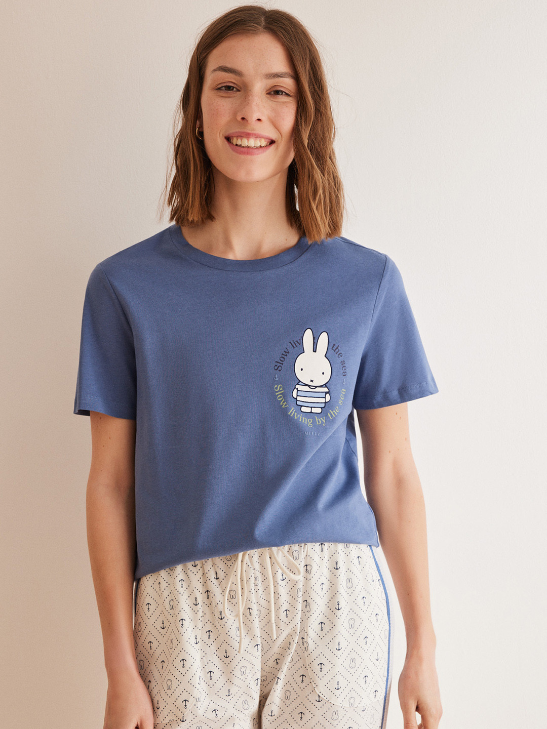 

women'secret Women Pure Cotton T-Shirt & Printed Pyjamas Night suit, Blue