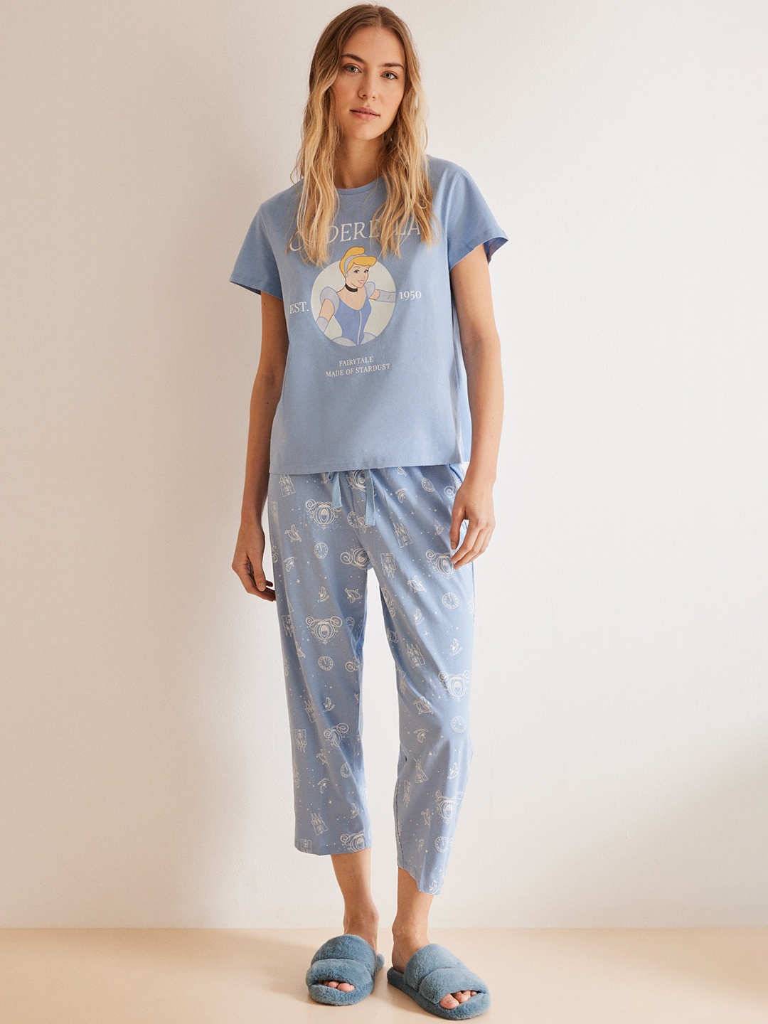 

women'secret Women Pure Cotton Printed Printed T-shirt And Pyjamas, Blue