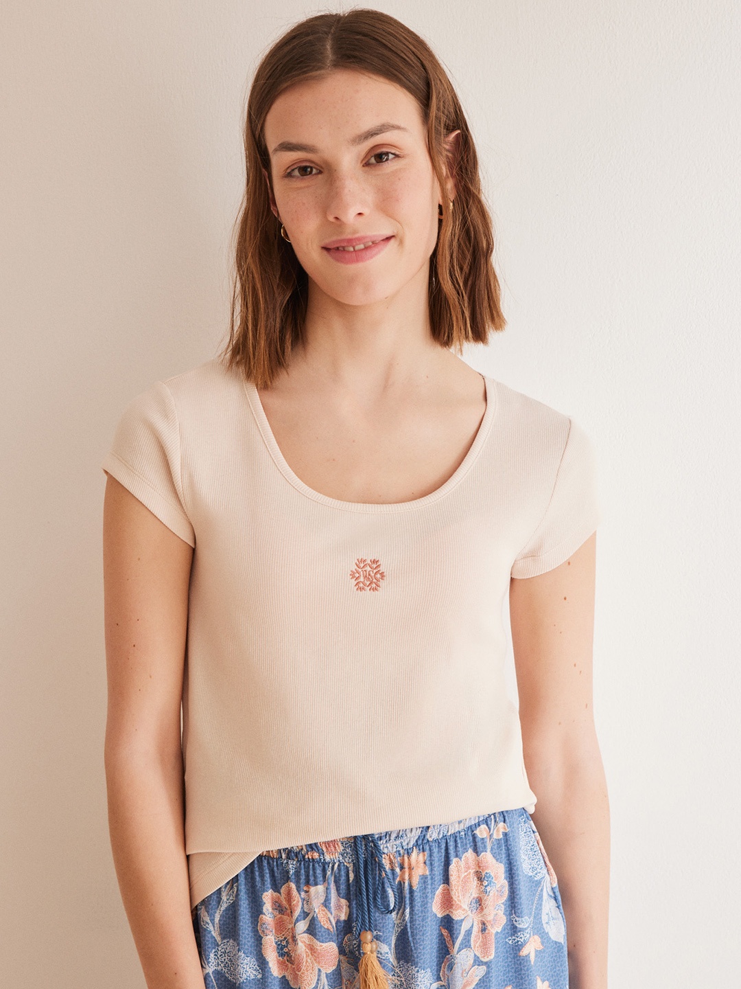 

women'secret Women Ribbed Lounge T-shirt, Beige