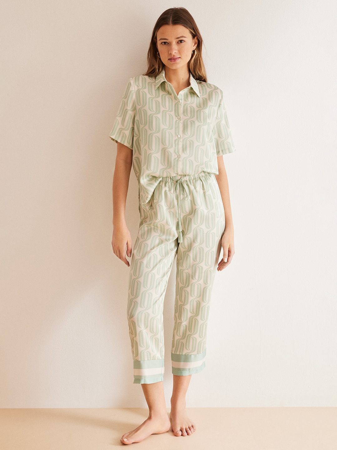

women'secret Women Printed Shirt And Pyjamas Night suits, Green