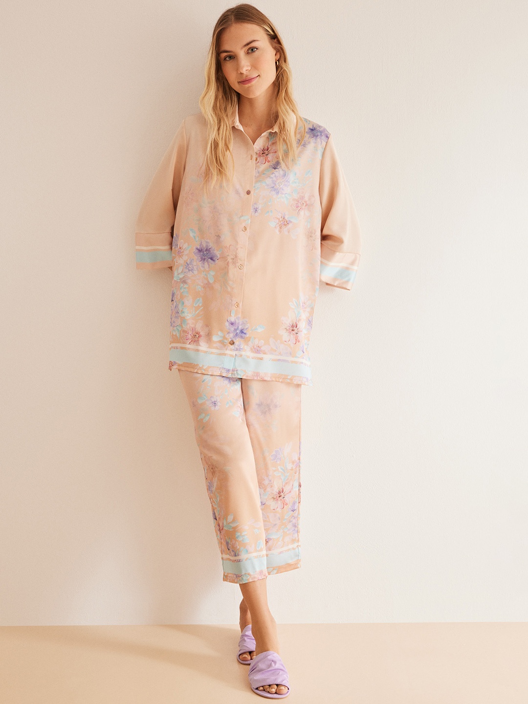 

women'secret Women Floral Printed Night suit, Beige