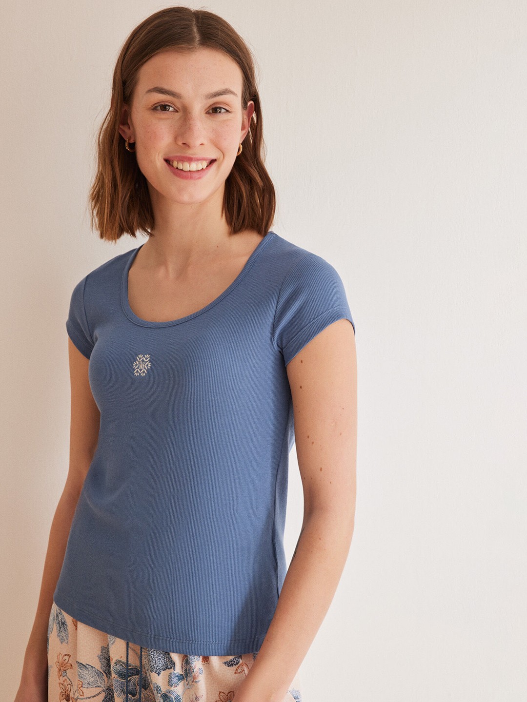 

women'secret Embroidered Ribbed Lounge T-shirt, Blue