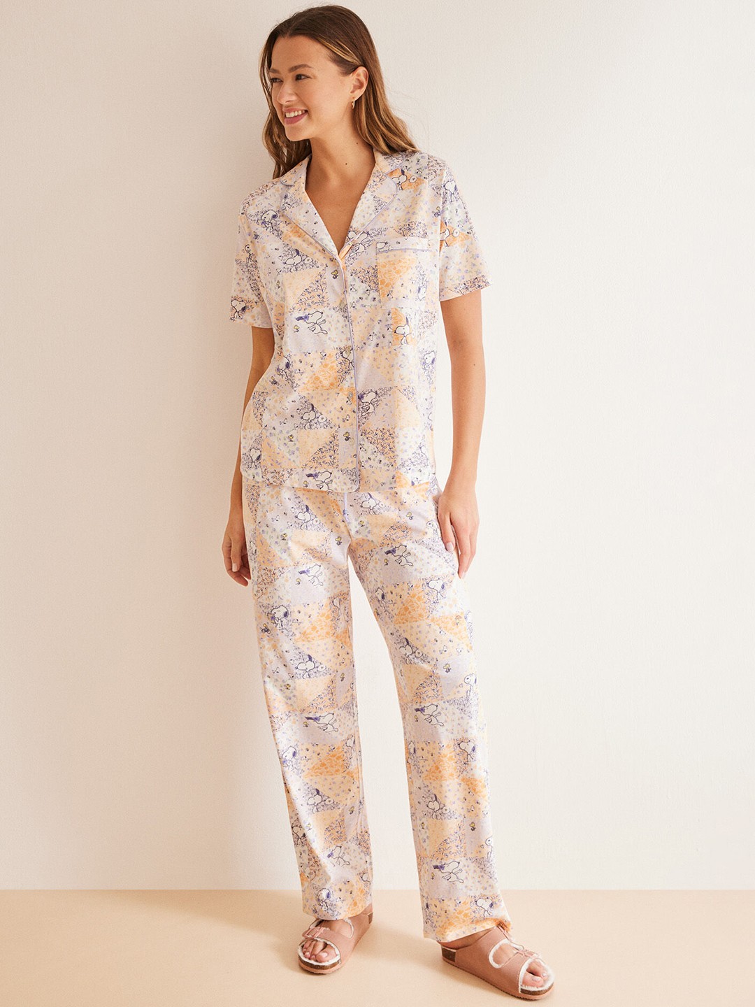 

women'secret Women Pure Cotton Snoopy Printed Shirt And Pyjamas Night suits, Multi