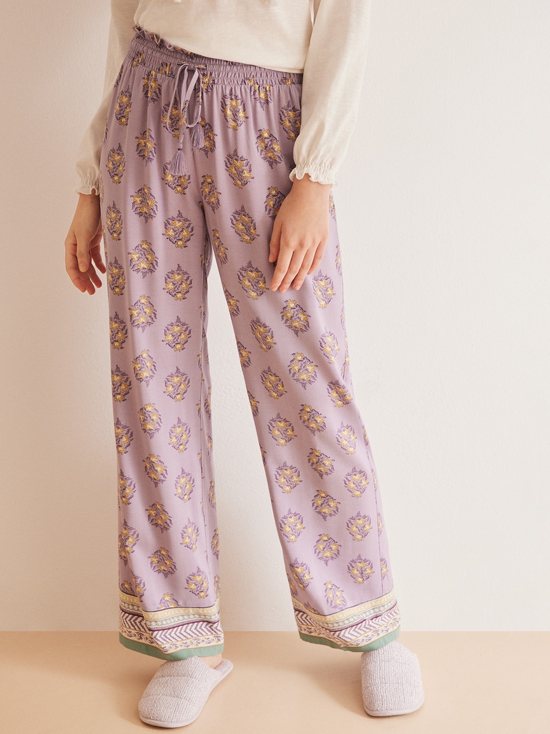 

women'secret Women Ethnic Floral Printed Lounge Pants, Lavender
