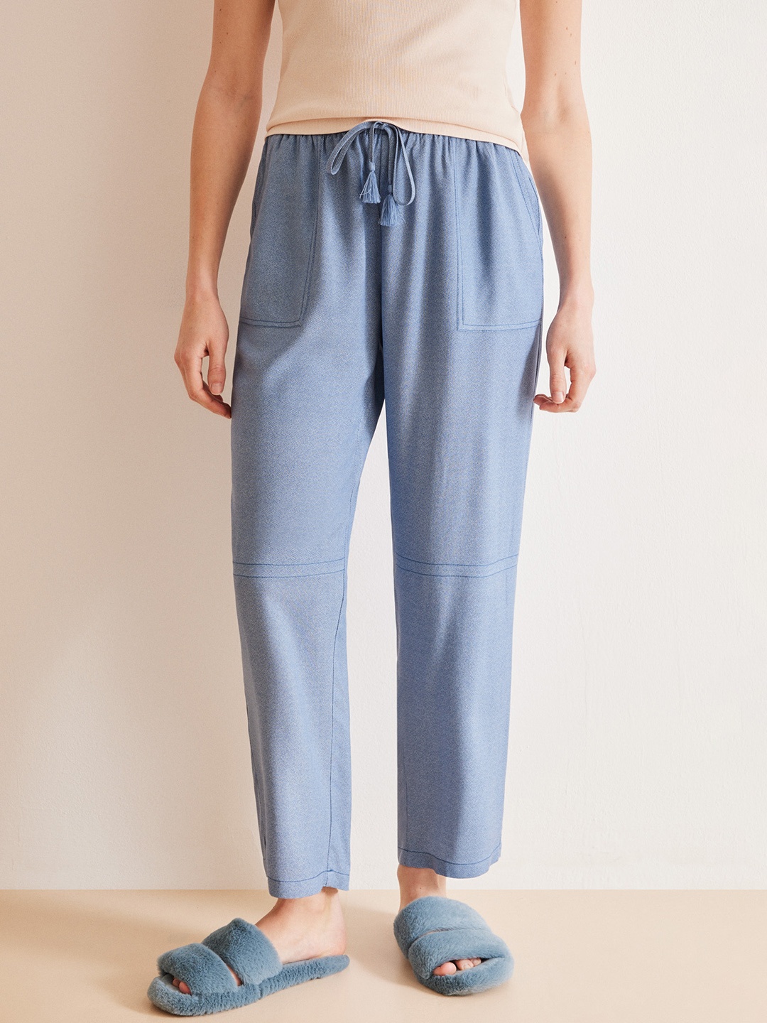 

women'secret Women Self Design Straight Lounge Pants, Blue