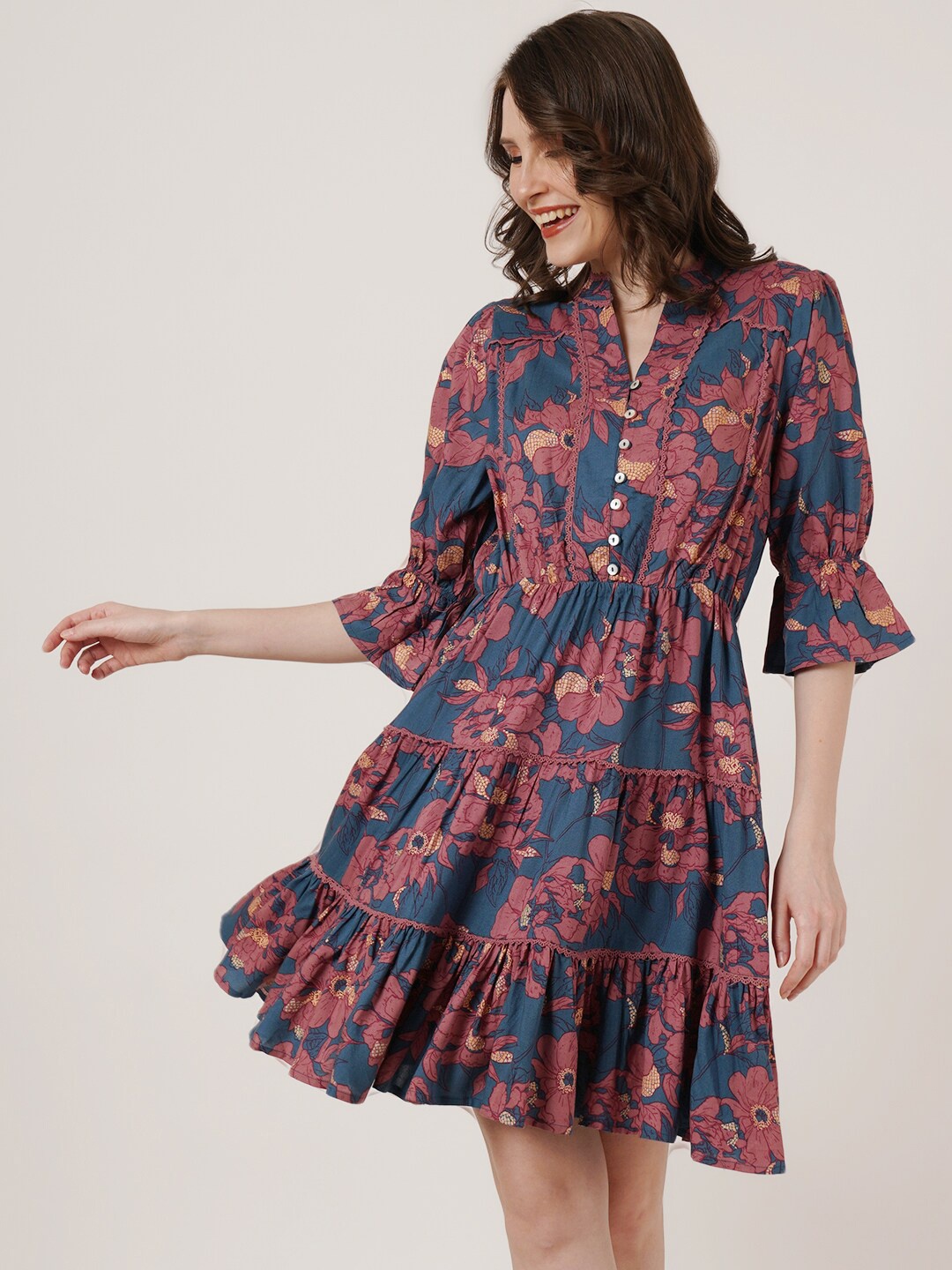 

IX IMPRESSION Floral Printed Mandarin Collar Bell Sleeves Fit & Flare Dress, Navy blue