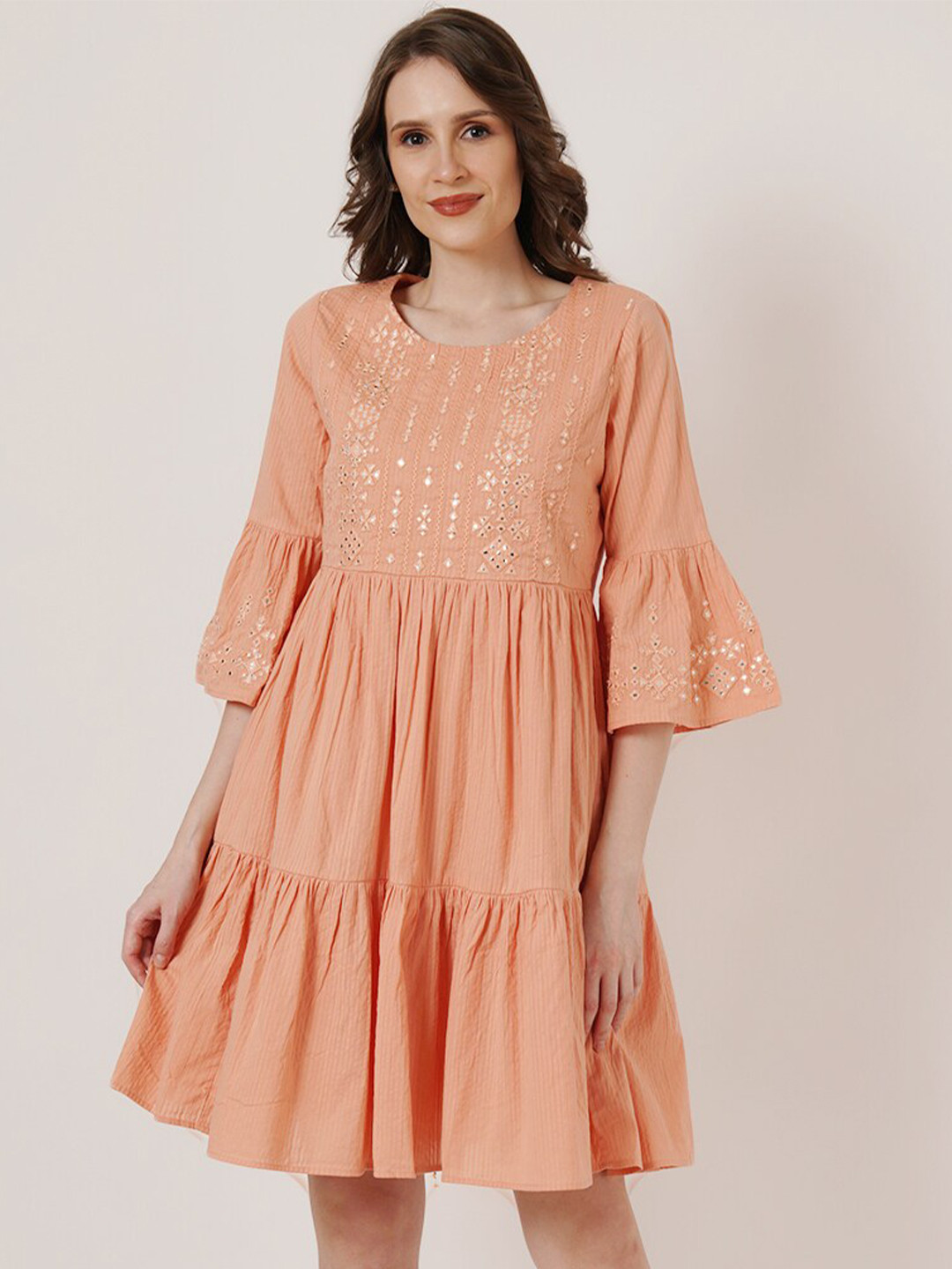 

IX IMPRESSION Self Design Gathered or Pleated Cotton Bell Sleeves Fit & Flare Dress, Pink