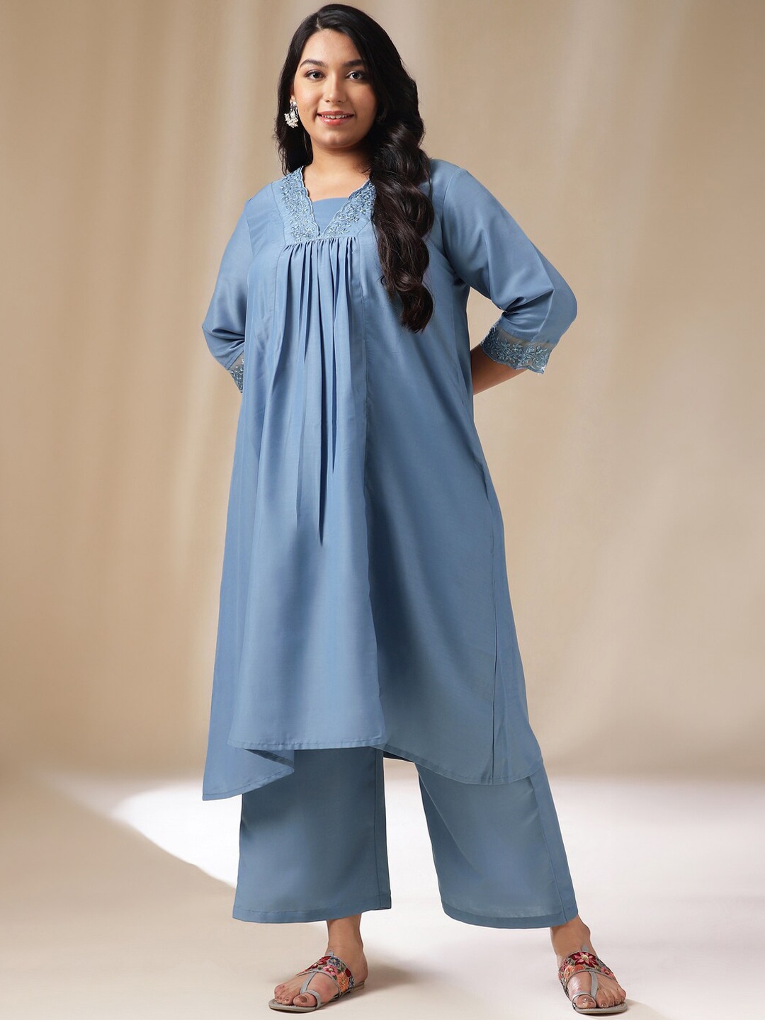 

Janasya Plus Size Women Regular Kurta with Palazzos, Blue