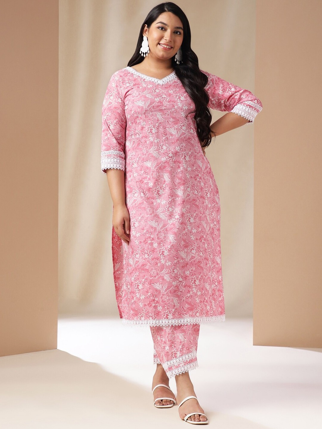 Janasya Plus Size Floral Printed Regular Pure Cotton Kurta with Trouser, Pink