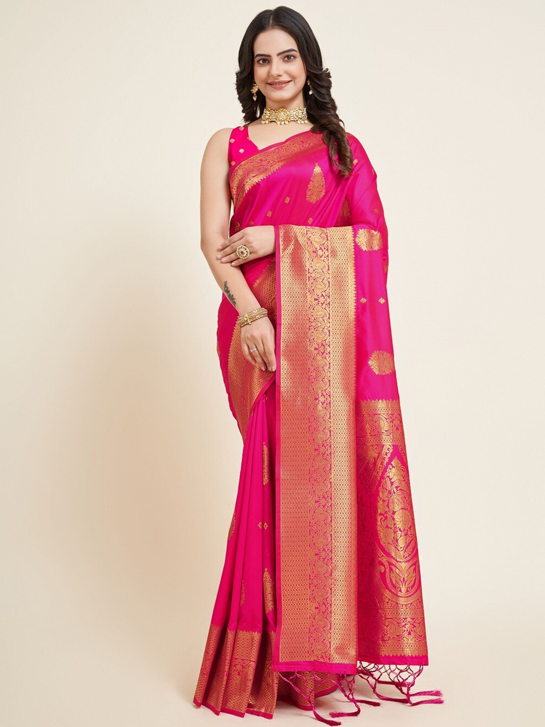 

Nimidiya Ethnic Motifs Woven Design Zari Banarasi Saree, Pink