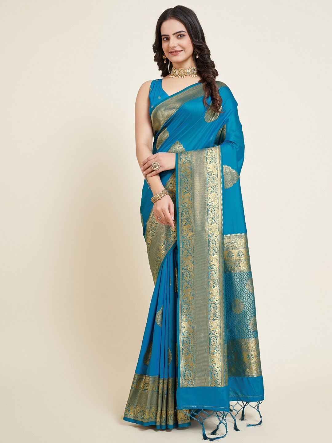 

Nimidiya Ethnic Motifs Woven Design Zari Banarasi Saree, Teal