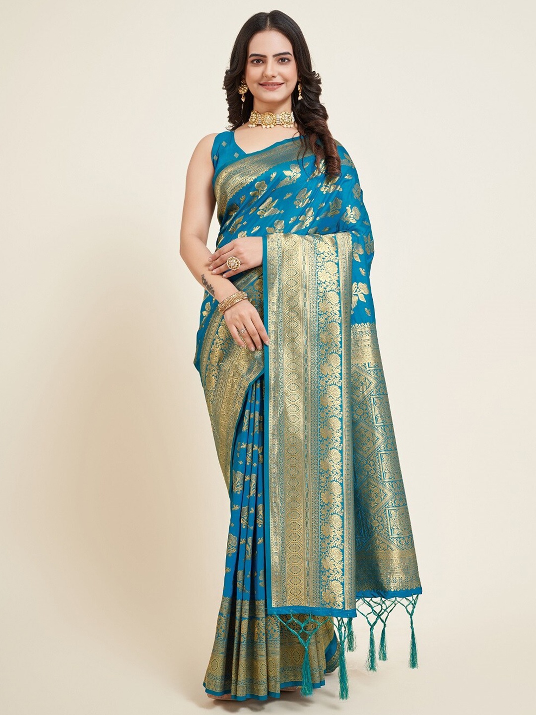 

Nimidiya Ethnic Motifs Woven Design Zari Banarasi Saree, Teal