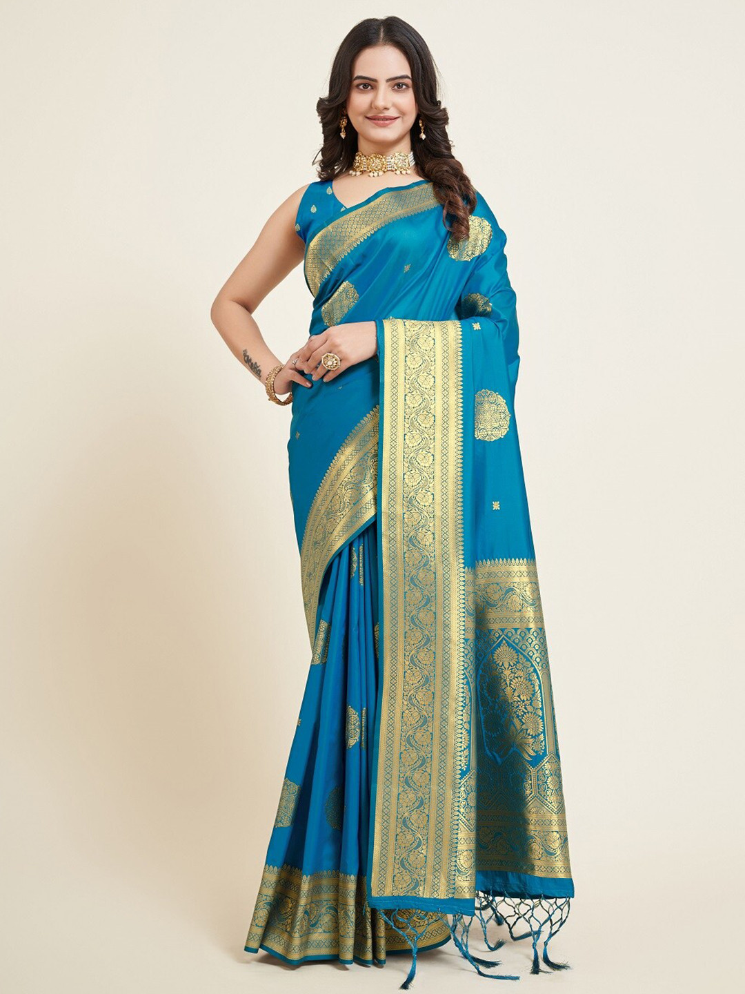 

Nimidiya Woven Design Ethnic Motifs Zari Banarasi Saree, Teal
